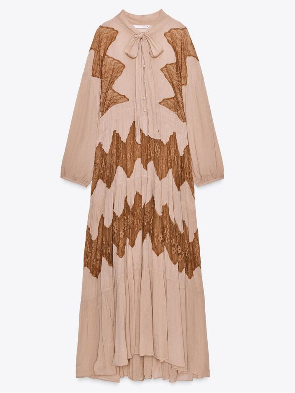 Zara Maxi Lace Dress Crinkle Long Rouched Sleeves High Tie Bow Collar V-Neck Med - Picture 7 of 16